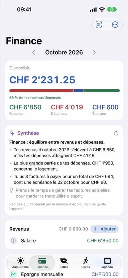 Orbe Life sur iPhone : écran Finance